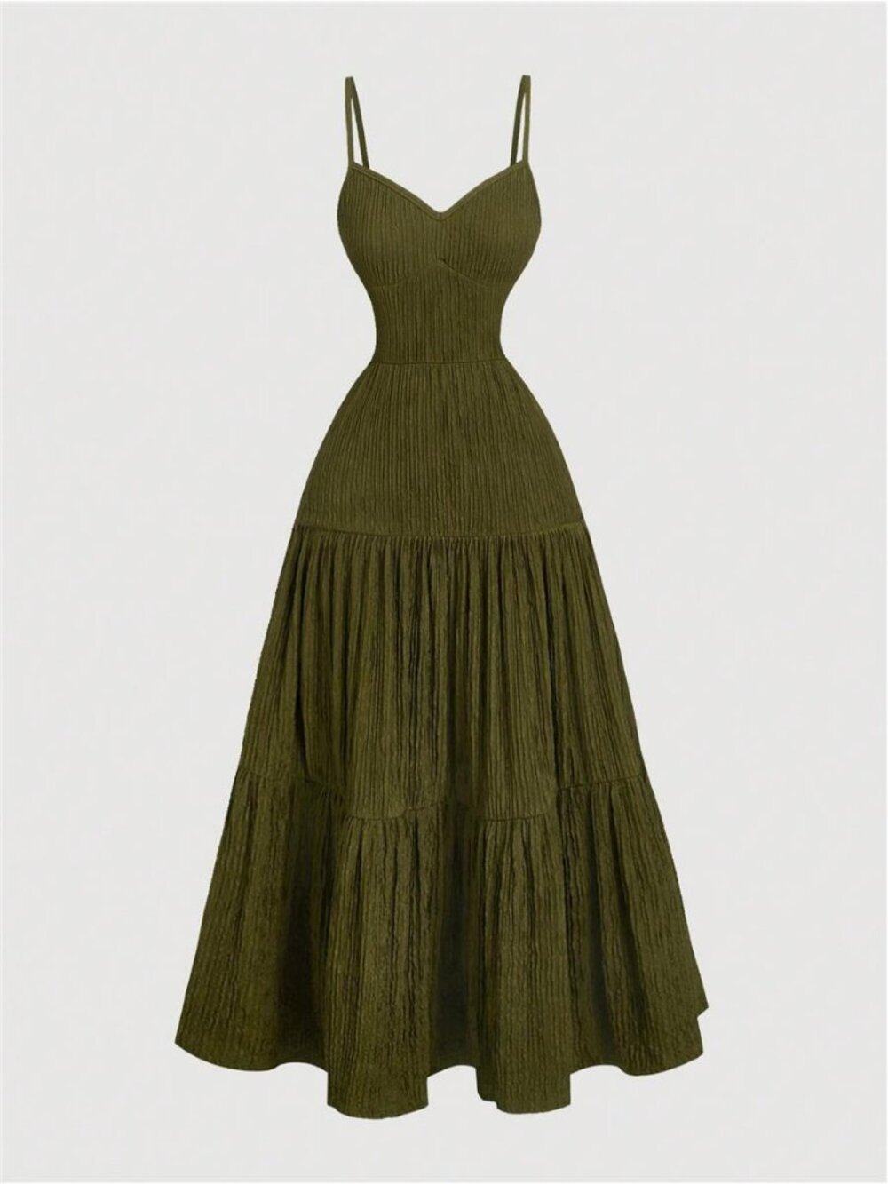 Olive Green Spaghetti Strap Tiered Ruffle Waist Dress,